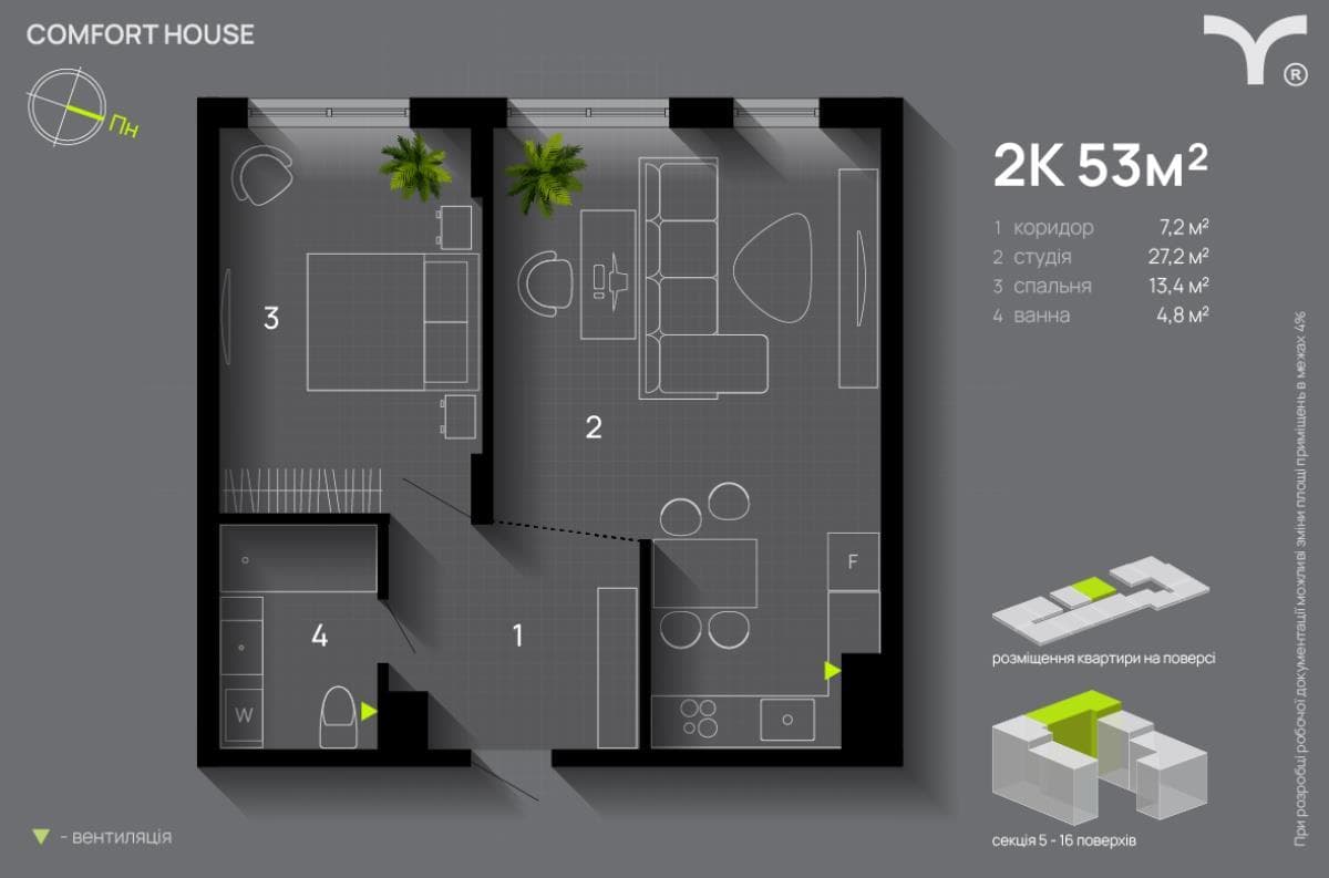 2к квартира у ЖК Comfort House